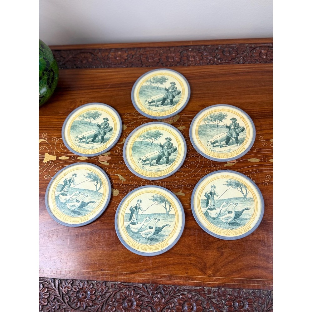 Vintage French Country Glass Coasters • Truffle & Foie Gras Scenes Set of 7